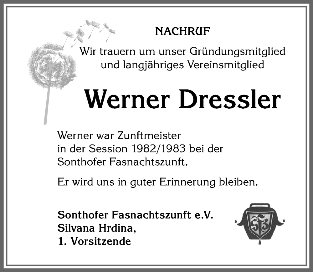 Traueranzeige von Werner Dressler von Allgäuer Anzeigeblatt