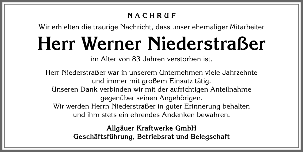 Traueranzeige von Werner Niederstraßer von Allgäuer Anzeigeblatt