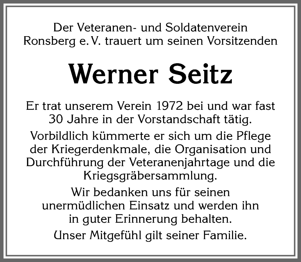 Traueranzeige von Werner Seitz von Allgäuer Zeitung, Marktoberdorf