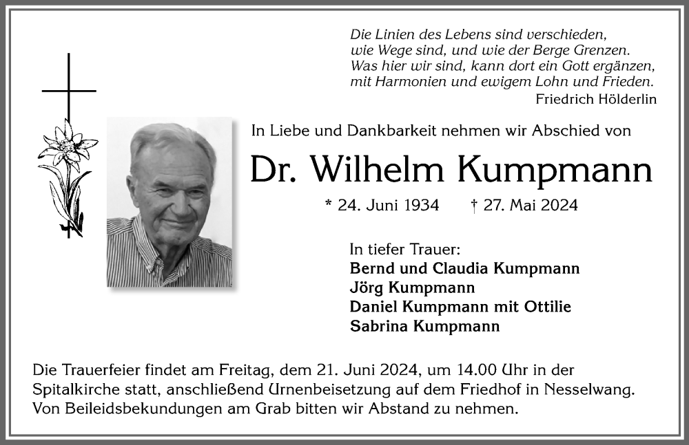 Traueranzeige von Wilhelm Kumpmann von Allgäuer Zeitung, Füssen
