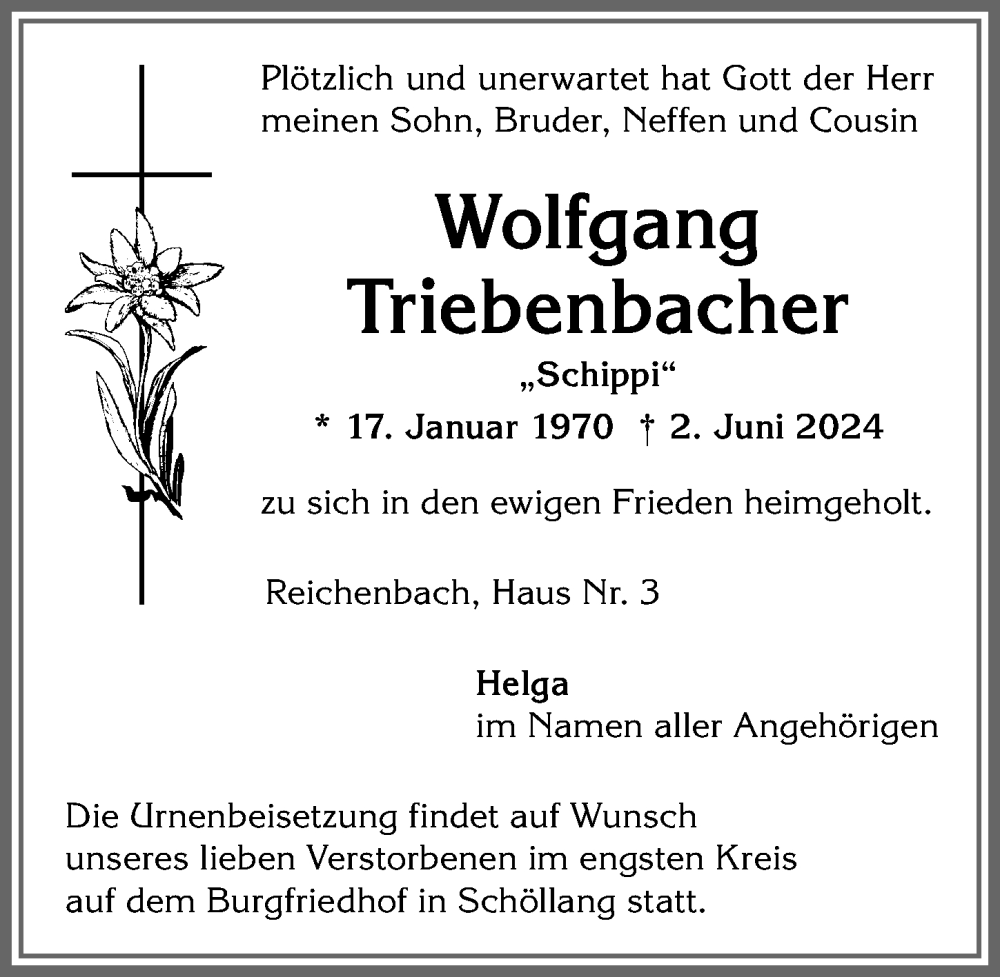 Traueranzeige von Wolfgang Triebenbacher von Allgäuer Anzeigeblatt