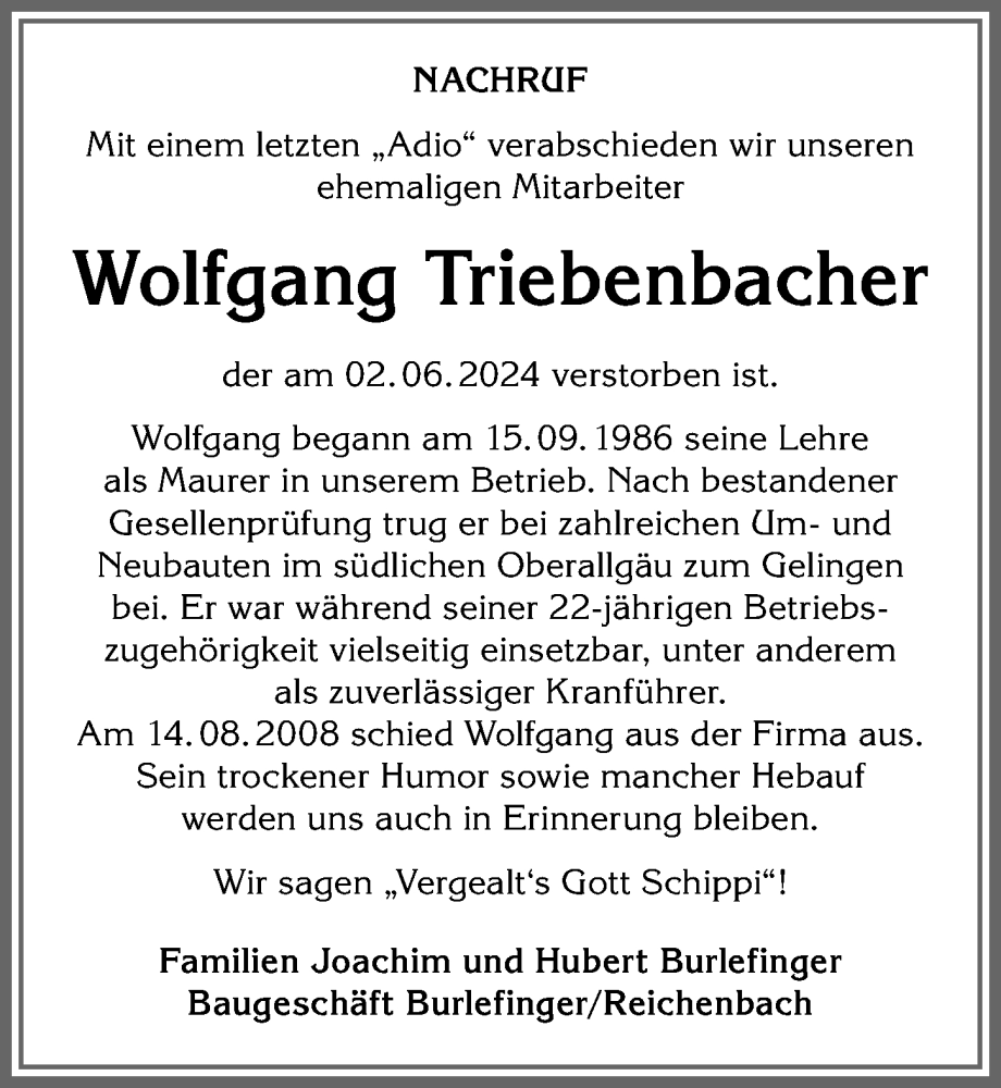 Traueranzeige von Wolfgang Triebenbacher von Allgäuer Anzeigeblatt