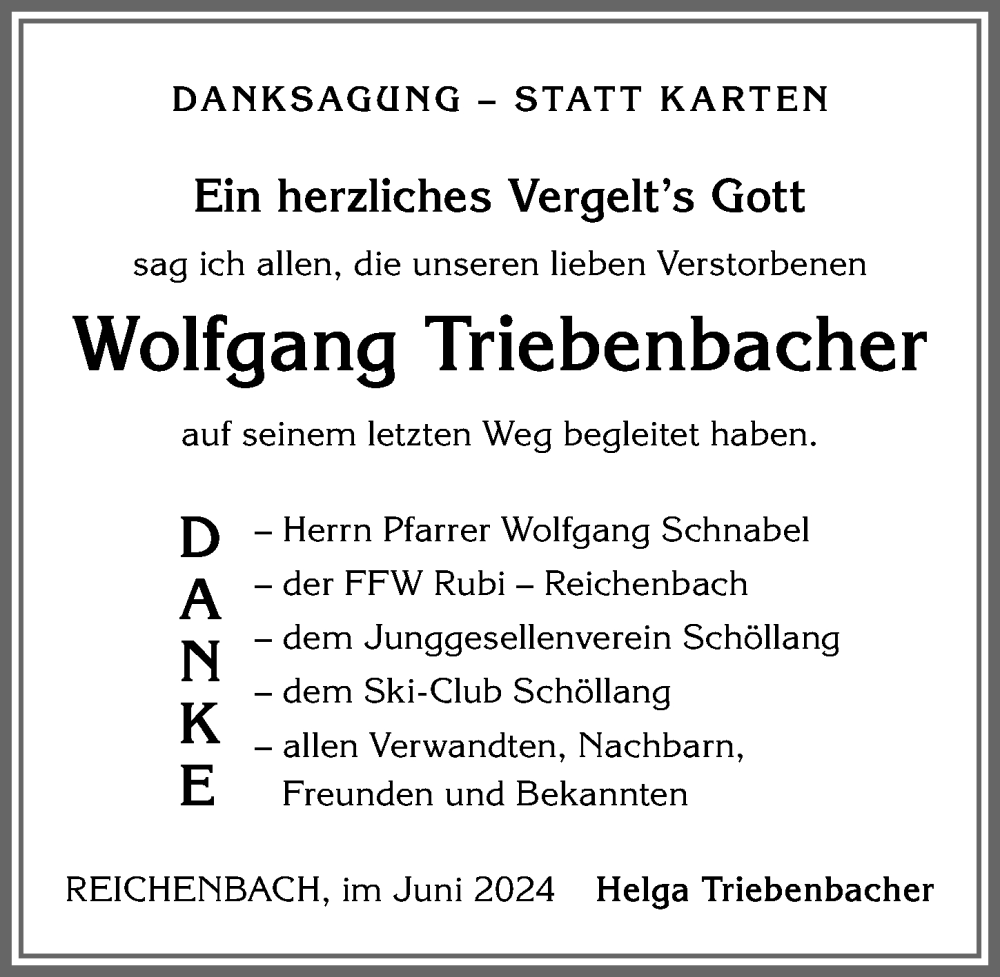 Traueranzeige von Wolfgang Triebenbacher von Allgäuer Anzeigeblatt