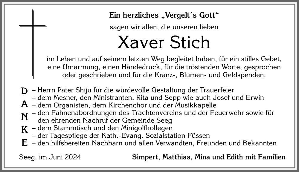 Traueranzeige von Xaver Stich von Allgäuer Zeitung, Füssen