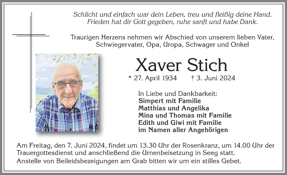 Traueranzeige von Xaver Stich von Allgäuer Zeitung, Füssen