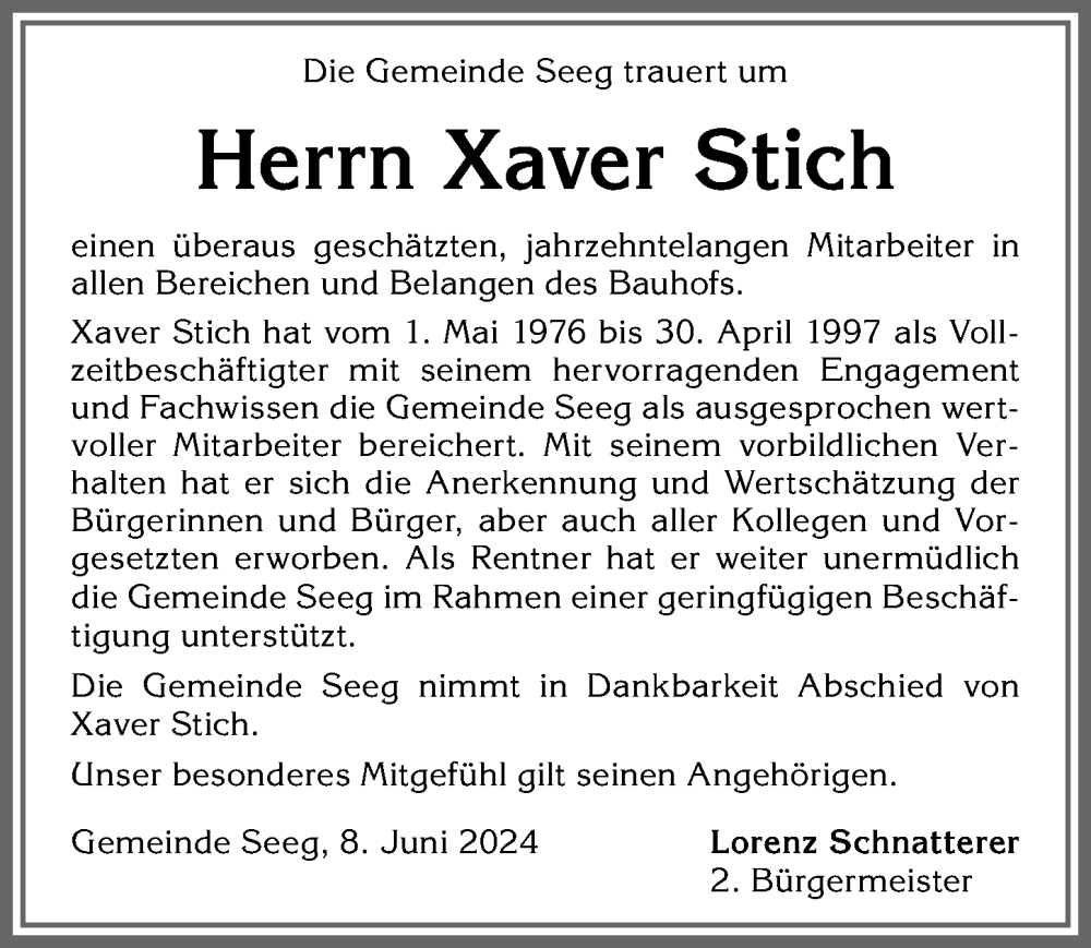 Traueranzeige von Xaver Stich von Allgäuer Zeitung, Füssen