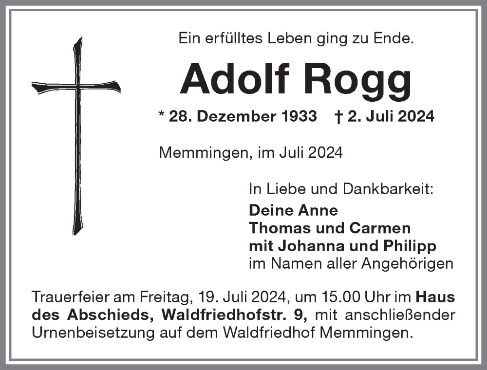 Traueranzeige von Adolf Rogg von Memminger Zeitung