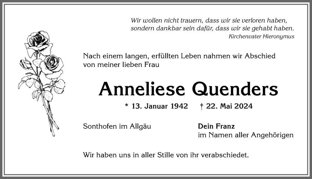 Traueranzeige von Anneliese Quenders von Allgäuer Anzeigeblatt