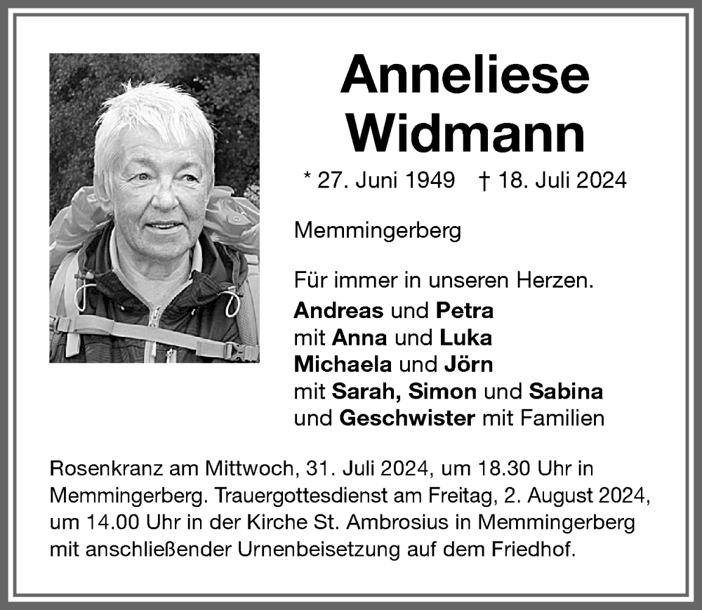 Traueranzeige von Anneliese Widmann von Memminger Zeitung