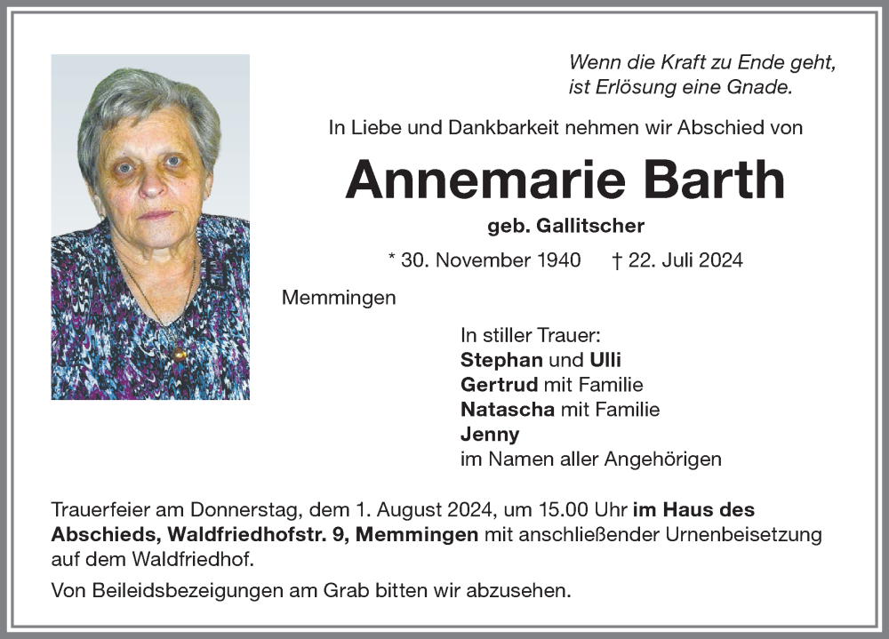 Traueranzeige von Annemarie Barth von Memminger Zeitung