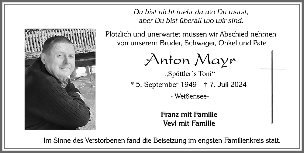 Traueranzeige von Anton Mayr von Allgäuer Zeitung, Füssen