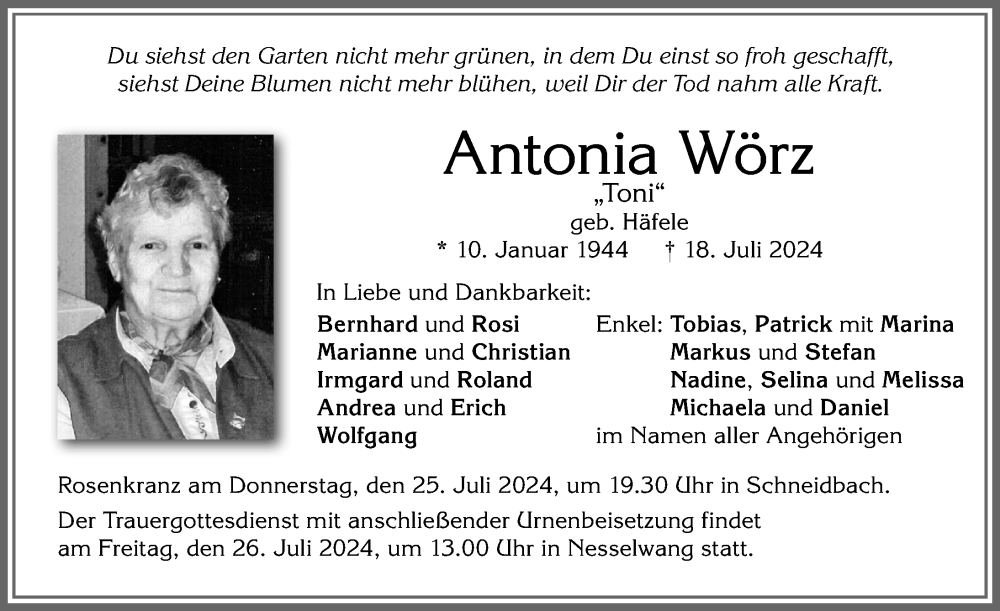 Traueranzeige von Antonia Wörz von Allgäuer Zeitung, Füssen