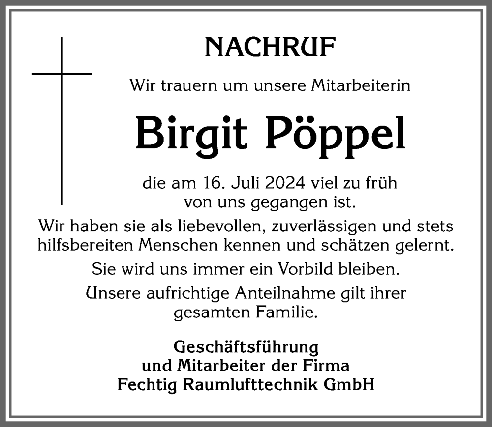 Traueranzeige von Birgit Pöppel von Allgäuer Zeitung, Marktoberdorf