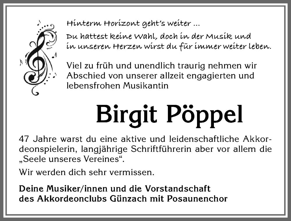 Traueranzeige von Birgit Pöppel von Allgäuer Zeitung, Marktoberdorf