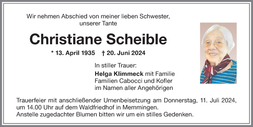 Traueranzeige von Christiane Scheible von Memminger Zeitung