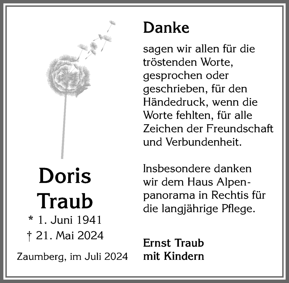 Traueranzeige von Doris Traub von Allgäuer Anzeigeblatt