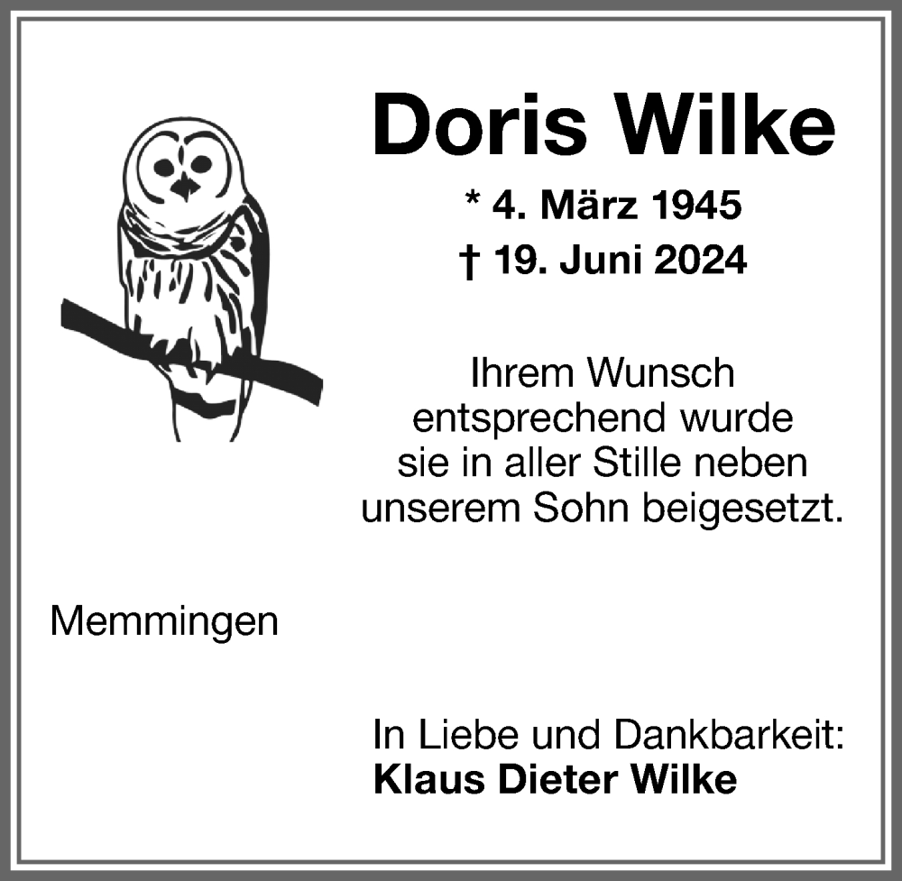 Traueranzeige von Doris Wilke von Memminger Zeitung