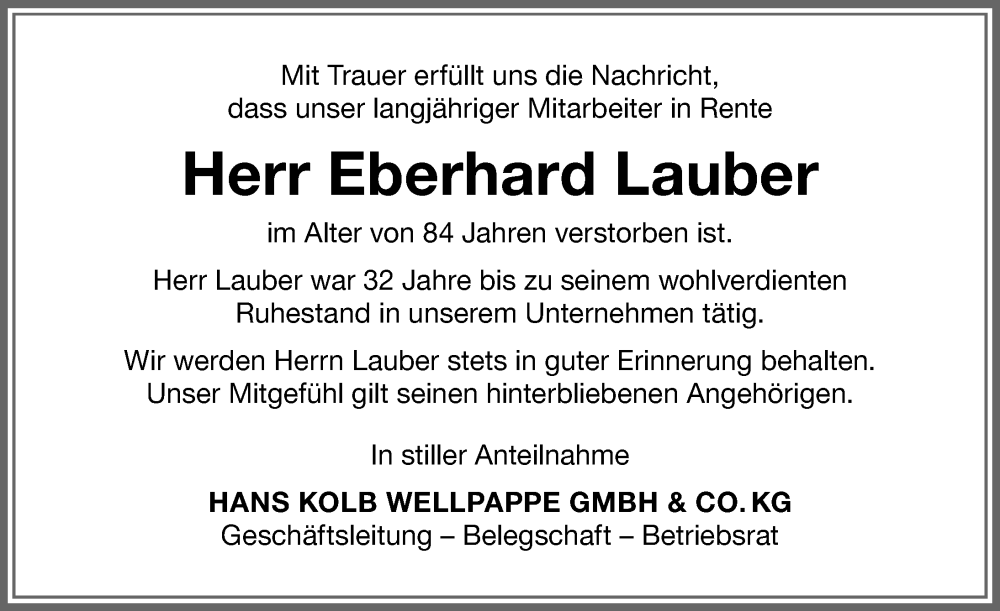 Traueranzeige von Eberhard Lauber von Memminger Zeitung