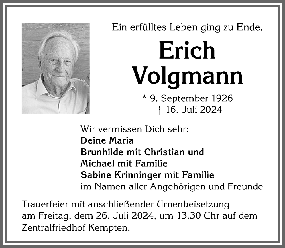 Traueranzeige von Erich Volgmann von Allgäuer Zeitung,Kempten