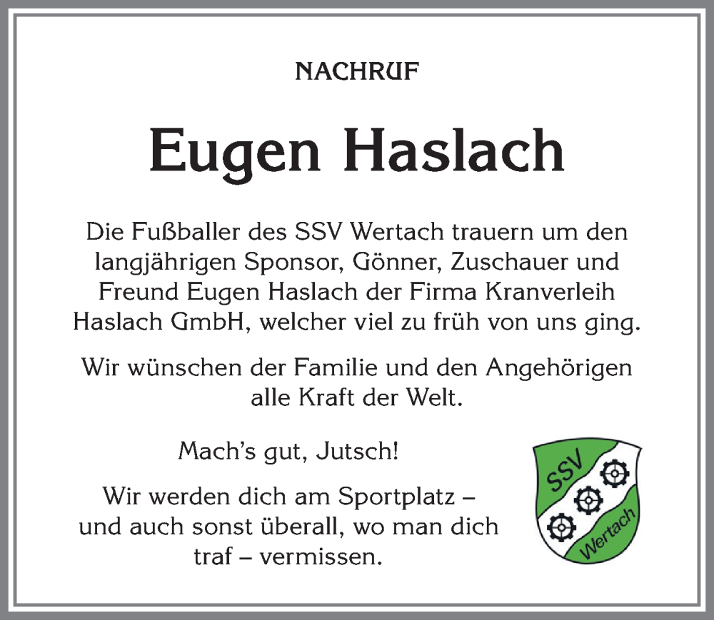 Traueranzeige von Eugen Haslach von Allgäuer Anzeigeblatt