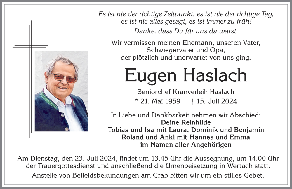 Traueranzeige von Eugen Haslach von Allgäuer Zeitung, Kaufbeuren/Buchloe