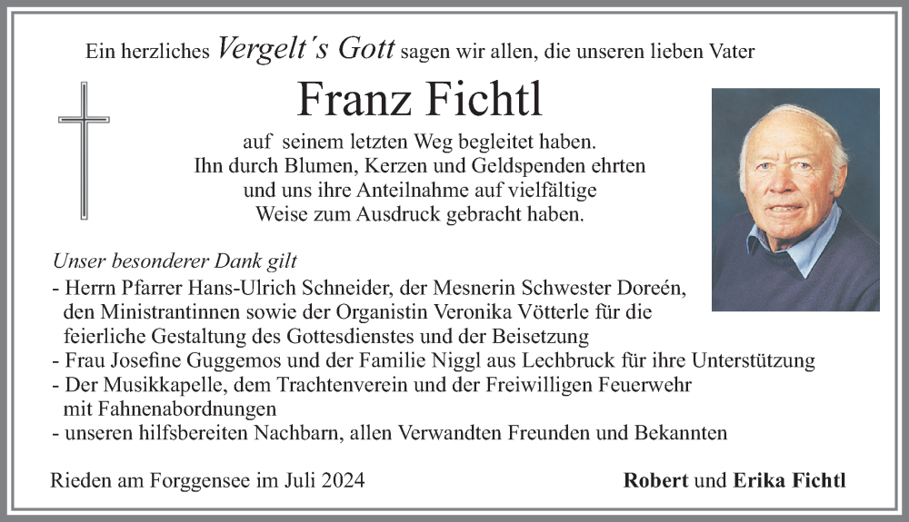 Traueranzeige von Franz Fichtl von Allgäuer Zeitung, Füssen