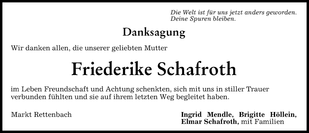 Traueranzeige von Friederike Schafroth von Memminger Zeitung