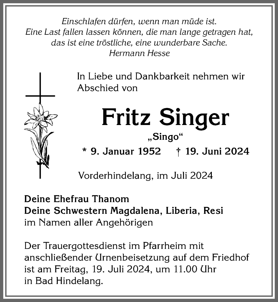 Traueranzeige von Fritz Singer von Allgäuer Anzeigeblatt