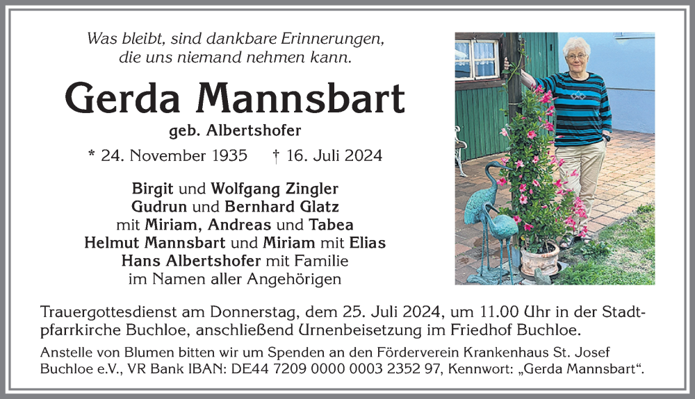Traueranzeige von Gerda Mannsbart von Allgäuer Zeitung, Kaufbeuren/Buchloe