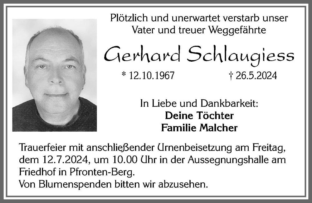 Traueranzeige von Gerhard Schlaugiess von Allgäuer Zeitung, Füssen