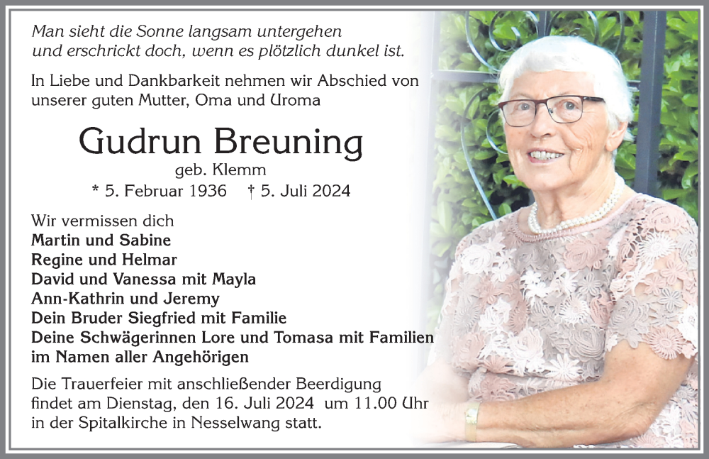 Traueranzeige von Gudrun Breuning von Allgäuer Zeitung, Füssen