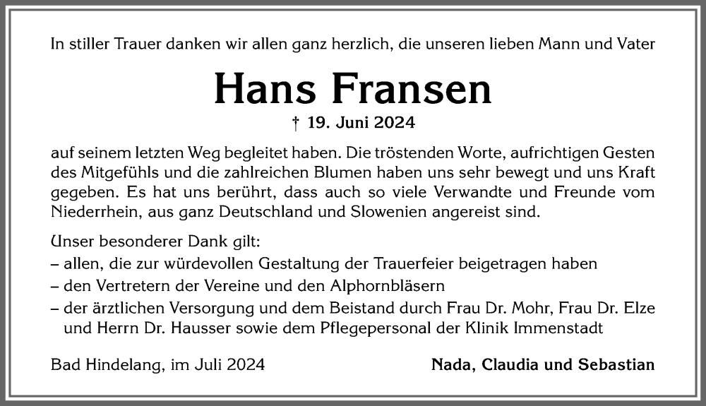 Traueranzeige von Hans Fransen von Allgäuer Anzeigeblatt