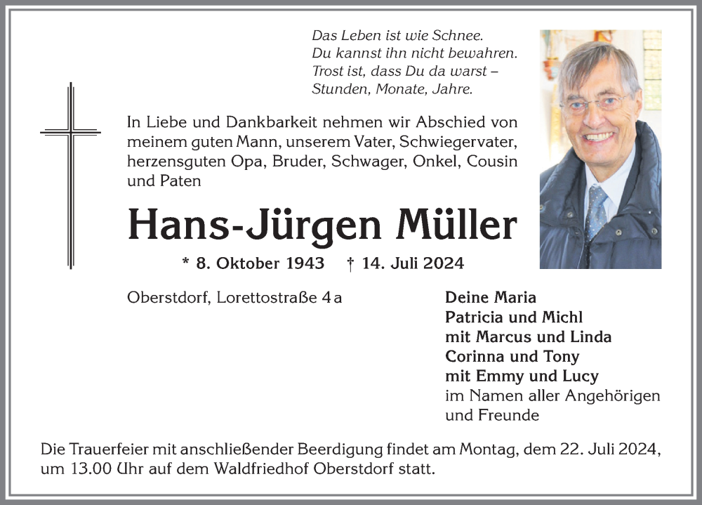 Traueranzeige von Hans-Jürgen Müller von Allgäuer Anzeigeblatt