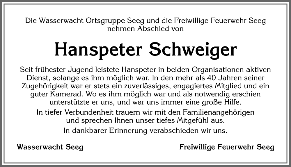 Traueranzeige von Hanspeter Schweiger von Allgäuer Zeitung, Füssen