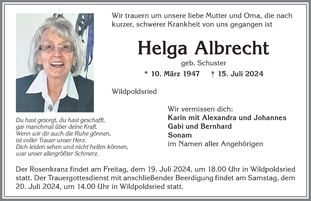 Traueranzeige von Helga Albrecht von Allgäuer Zeitung,Kempten