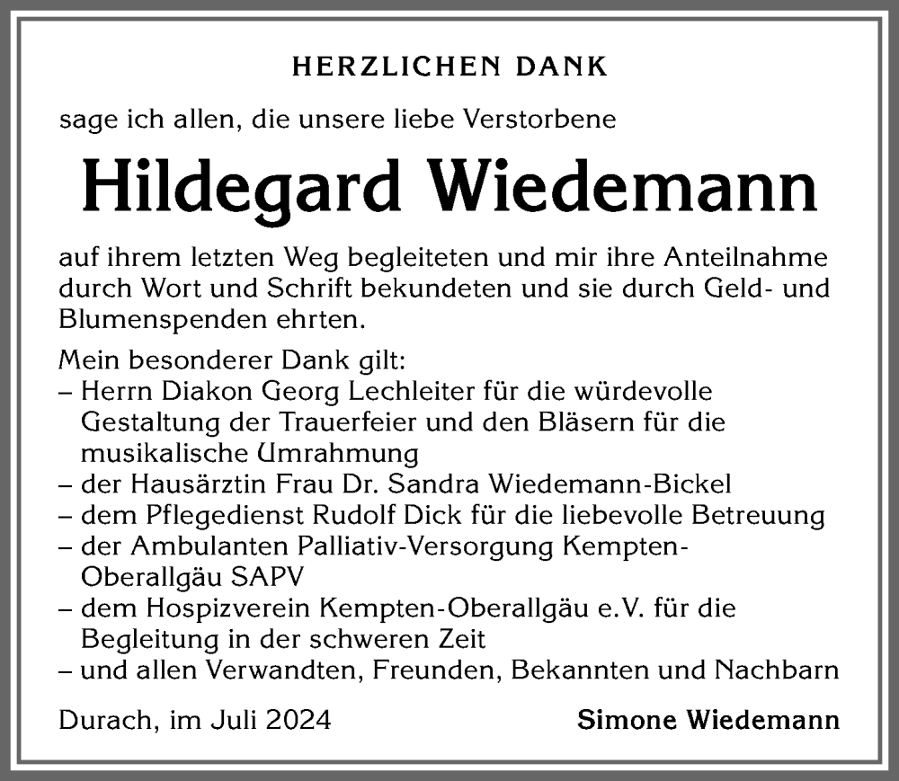 Traueranzeige von Hildegard Wiedemann von Allgäuer Zeitung,Kempten