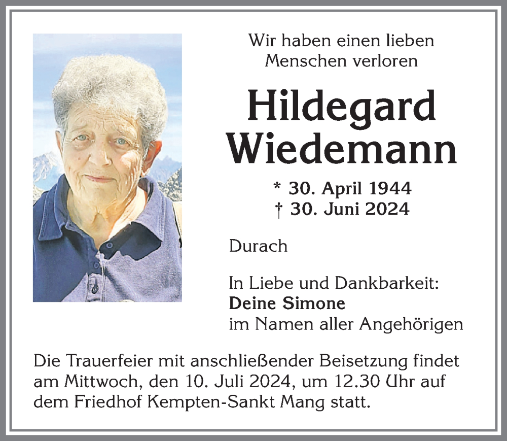 Traueranzeige von Hildegard Wiedemann von Allgäuer Zeitung,Kempten