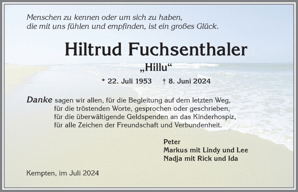 Traueranzeige von Hiltrud Fuchsenthaler von Allgäuer Zeitung,Kempten