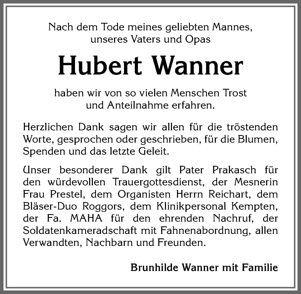 Traueranzeige von Hubert Wanner von Allgäuer Zeitung,Kempten