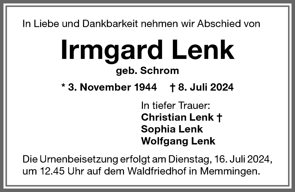 Traueranzeige von Irmgard Lenk von Memminger Zeitung