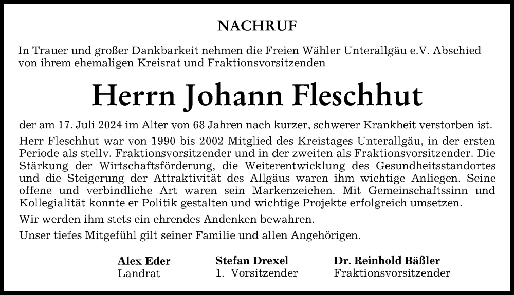 Traueranzeige von Johann Fleschhut von Augsburger Allgemeine, Mindelheimer Zeitung