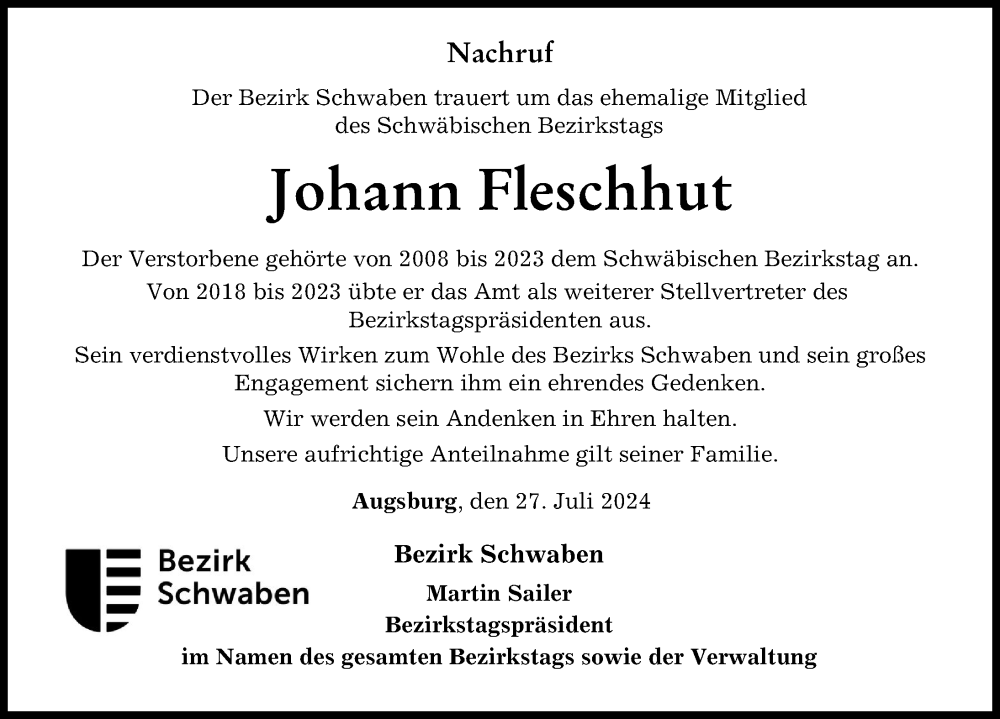 Traueranzeige von Johann Fleschhut von Memminger Zeitung