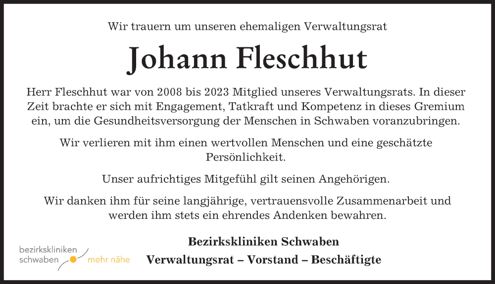 Traueranzeige von Johann Fleschhut von Allgäuer Zeitung, Füssen