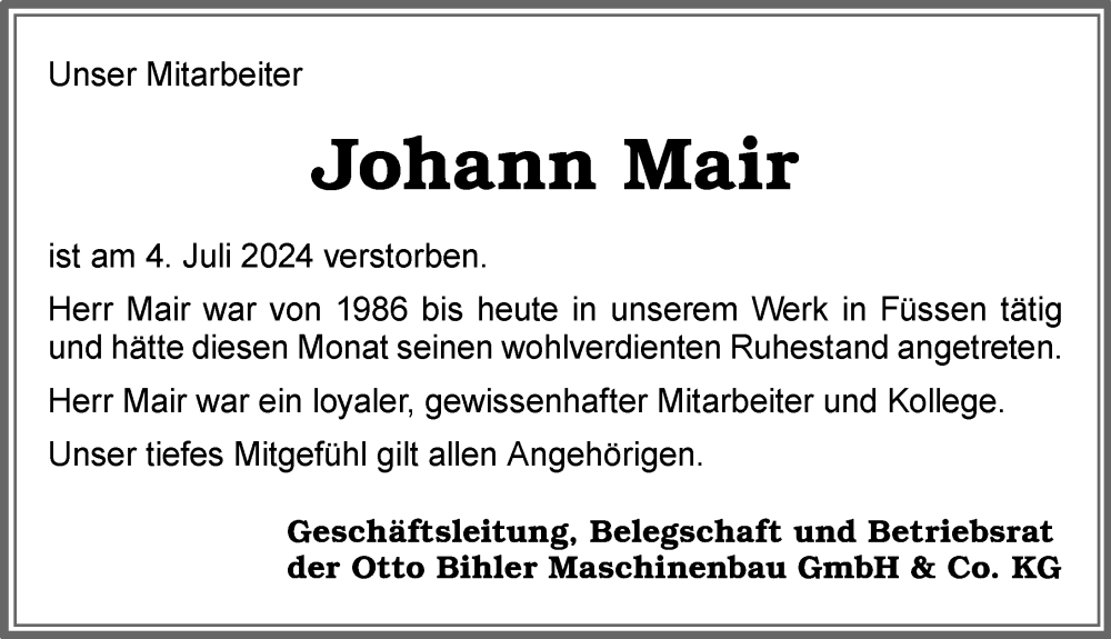 Traueranzeige von Johann Mair von Allgäuer Zeitung, Füssen