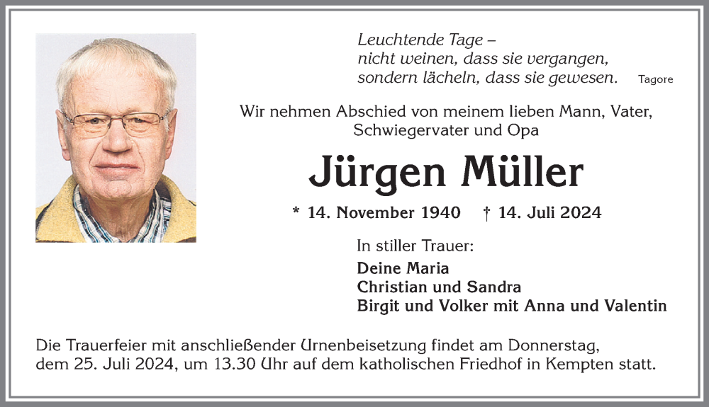 Traueranzeige von Jürgen Müller von Allgäuer Zeitung,Kempten