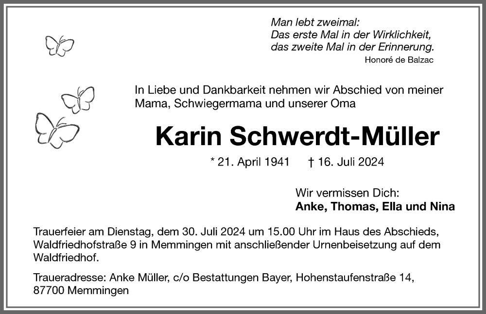 Traueranzeige von Karin Schwerdt-Müller von Memminger Zeitung