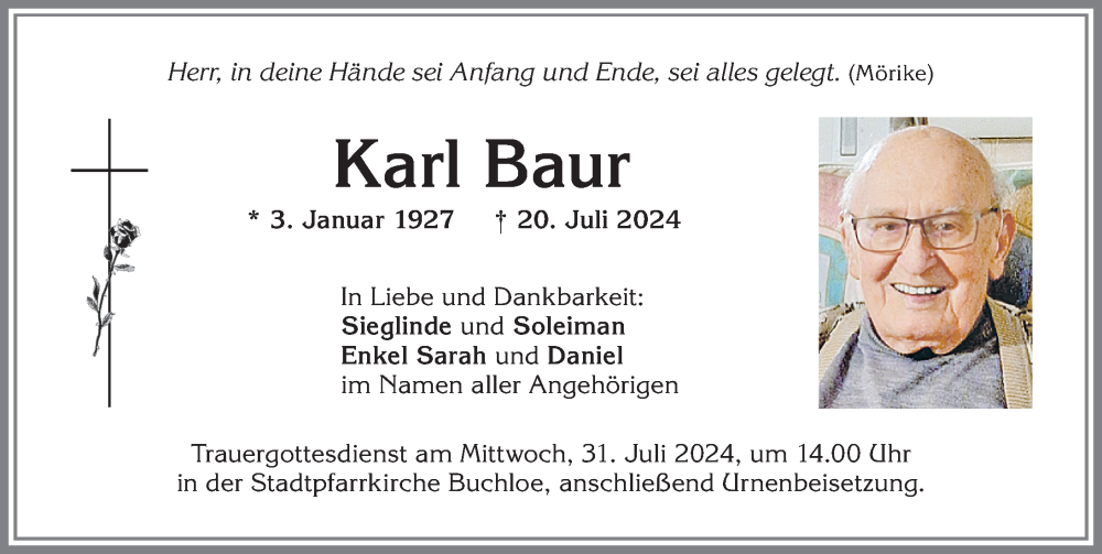 Traueranzeige von Karl Baur von Allgäuer Zeitung, Kaufbeuren/Buchloe