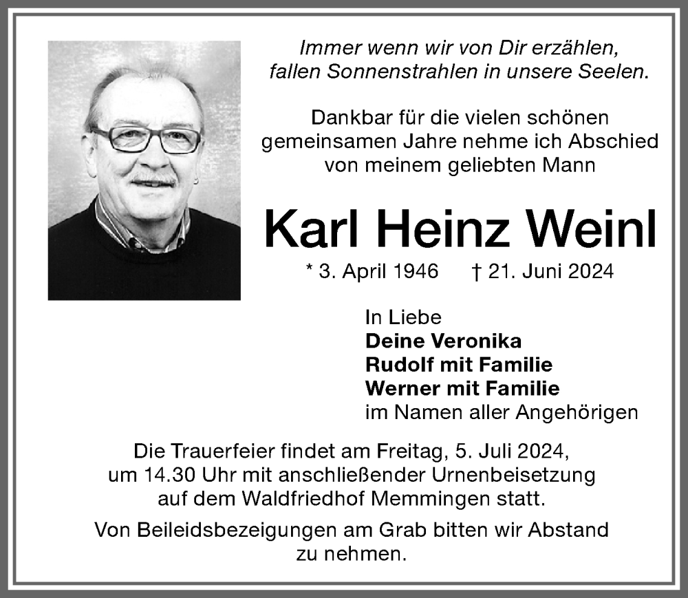 Traueranzeige von Karl Heinz Weinl von Memminger Zeitung