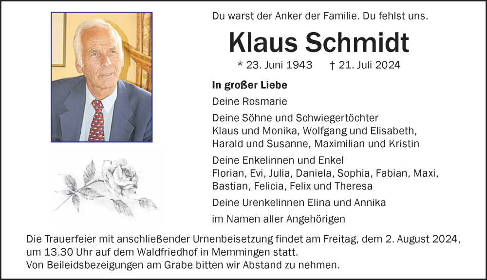 Traueranzeige von Klaus Schmidt von Memminger Zeitung