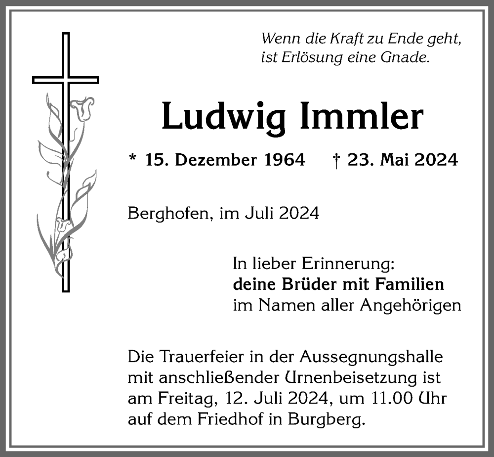 Traueranzeige von Ludwig Immler von Allgäuer Anzeigeblatt